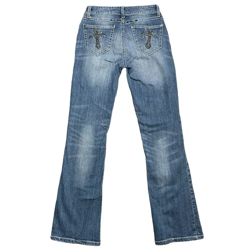 Rock 47 Embellished Cross Pocket Wrangler Bootcut Jeans - Picture 8 of 14